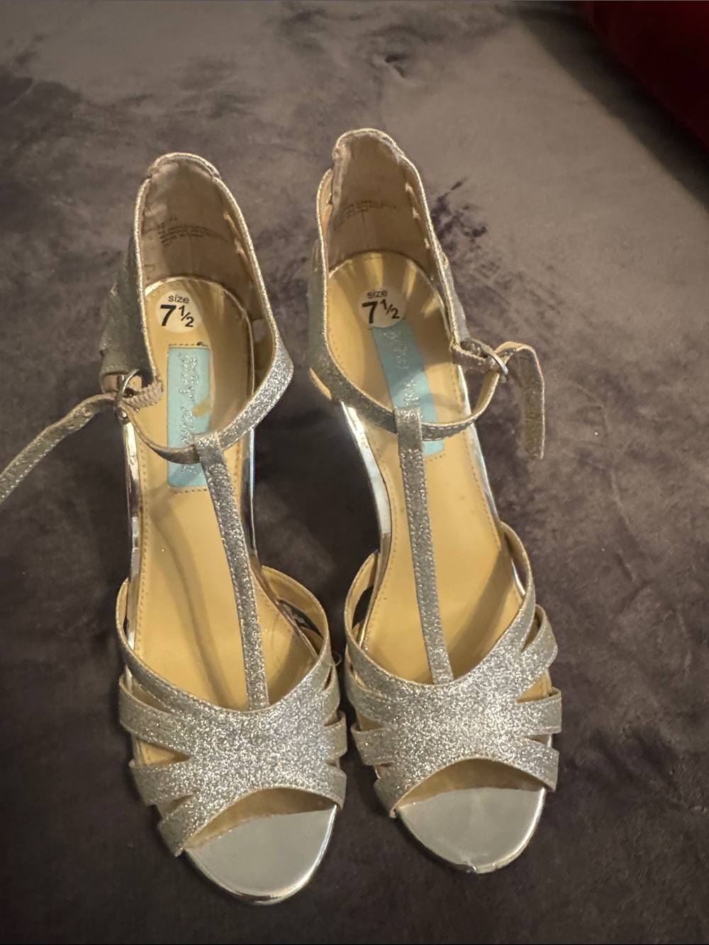 Betsey Johnson Silver Glitter T-Strap Heels